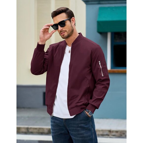 🆕 Men Red Bomber Jacket Lightweight Casual Windbreaker Full Zip Spring Coat - Picture 4 of 6